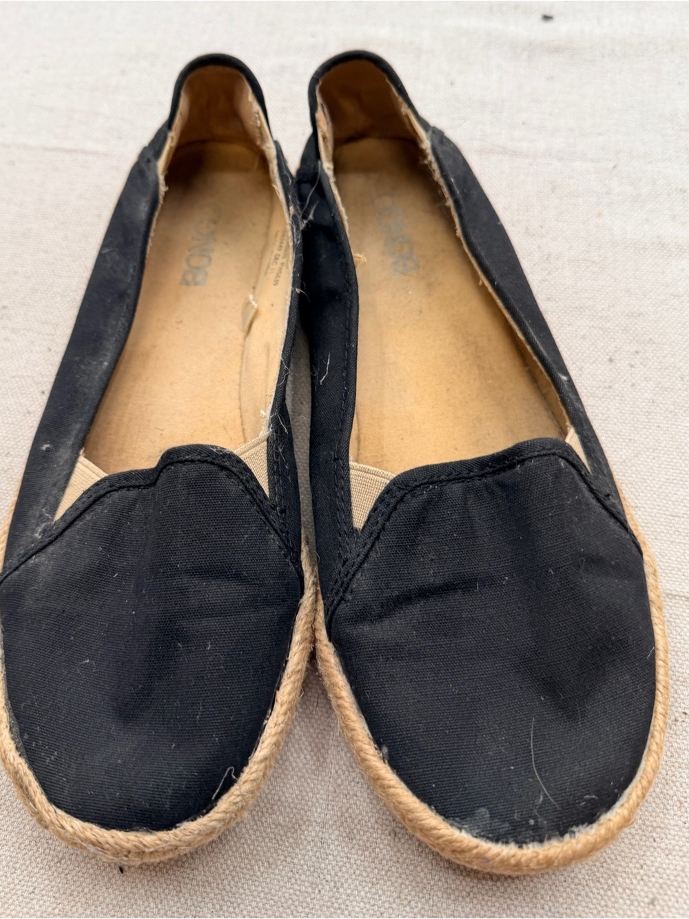 Bongo Black Canvas Espadrille Slip-On Flats with Jute Trim